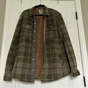 Men's Olive Plaid Button Shirt Jacket with Brown Fleece Lining Size Extra Large